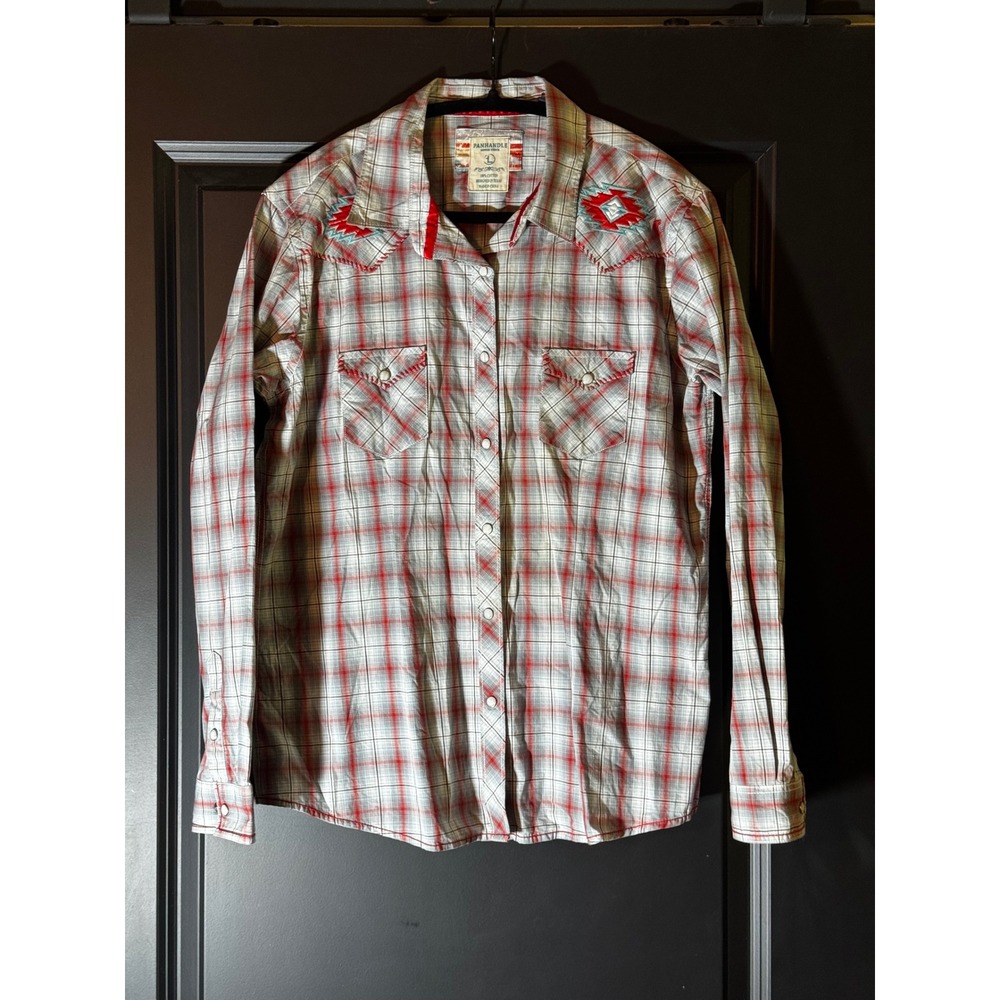 Panhandle Rough Stock pearl snap Plaid Shirt Women's L Long Sleeve Embroidered